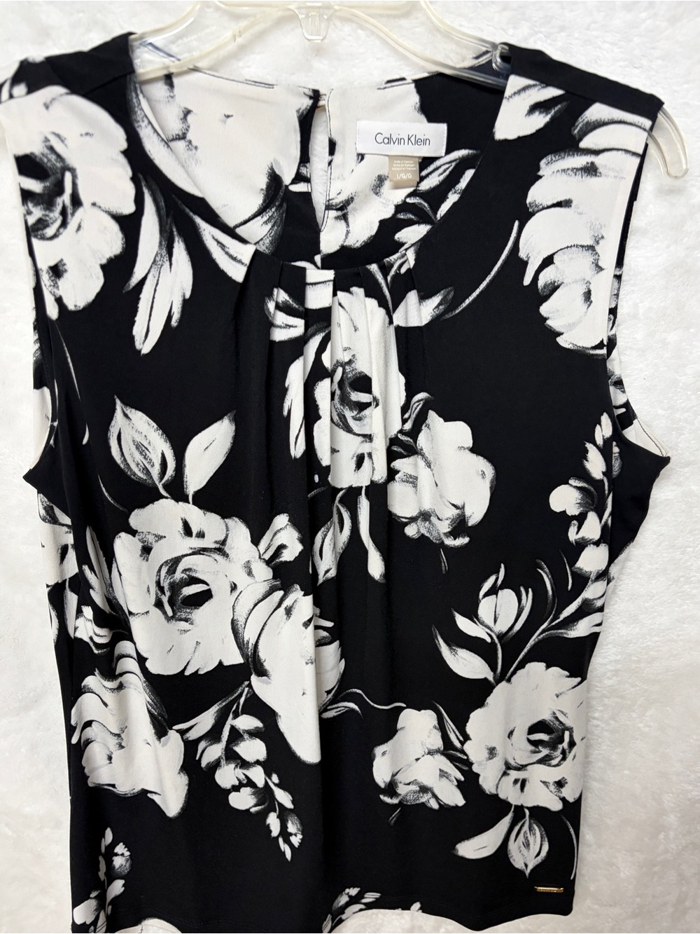 Calvin Klein Black and White Floral Pleated Neck Sleeveless Blouse